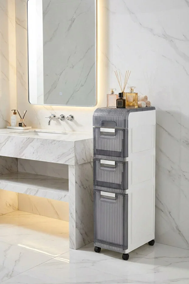 Tekerlekli 3 Çekmeceli Dekoratif Dolap Beyaz, 20 cm × 37.5 cm × 92.5 cm